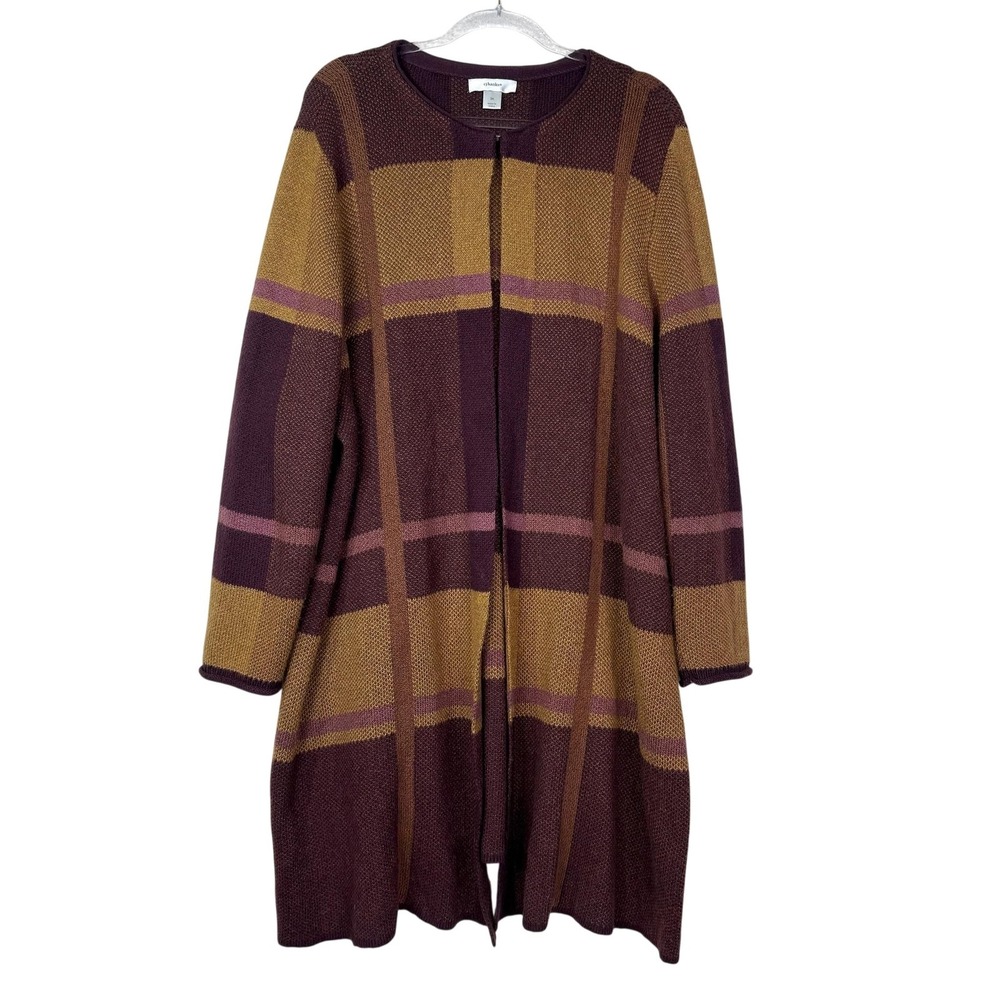 Christopher & Banks Long Plaid Open Cardigan in Burgundy, Mustard & Mauve